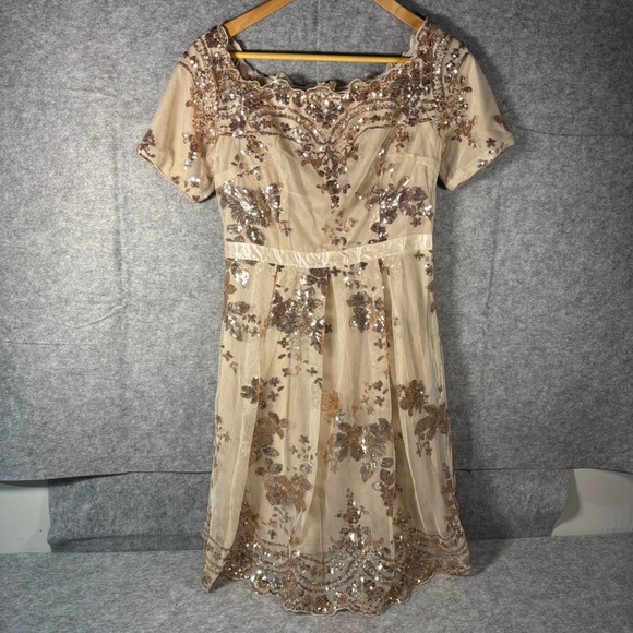 SHEIN Dresses & Skirts - Beaded Sequin Cap Sleeve Square‎ Neck Party Dress Beige M